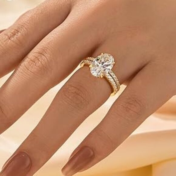 18K Yellow Gold 3.5ct Oval Diamond Ring Set 925 Sterling Silver Wedding Bridal - Picture 3 of 4